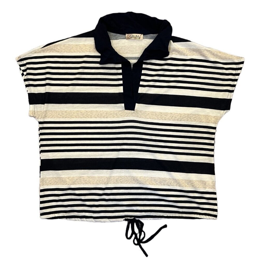 Lavish Women's Top Size L Striped Cap Sleeves Collared V-Neck Stretch Tee GUC